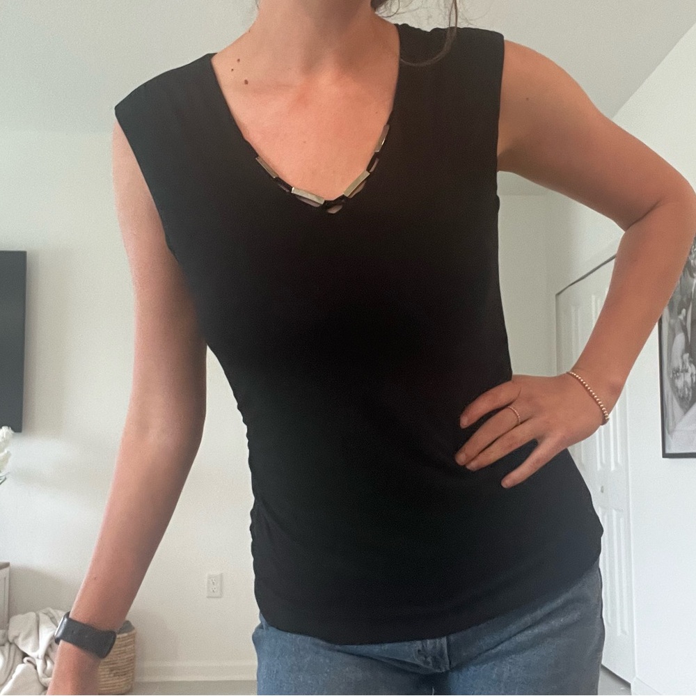 WHBM Black Sleeveless V-Neck Women's Top with silver details.
